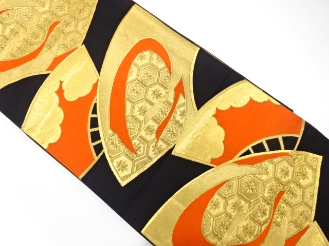 アンティーク　扇面に亀甲・花模様織り出し袋帯（着用可）